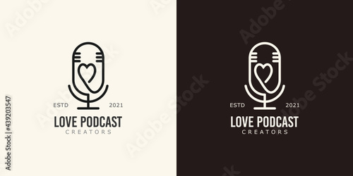 Podcast content creators logo concept. Mic vector illustrations.