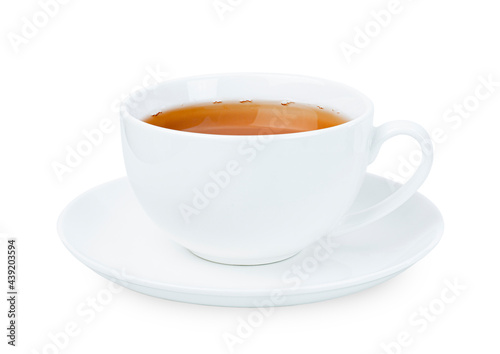 white mug with tea on a white isolated background. front view