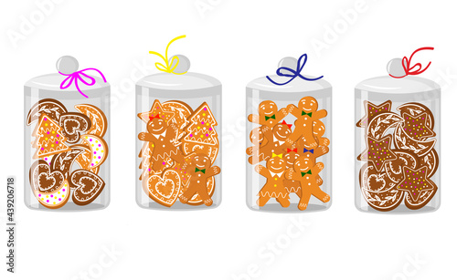 Christmas gingerbread cookies in a glass jar. Vector illustration. Baking for a gift. For creating prints, cards, invitations, banners, price tags, covers and other designs.