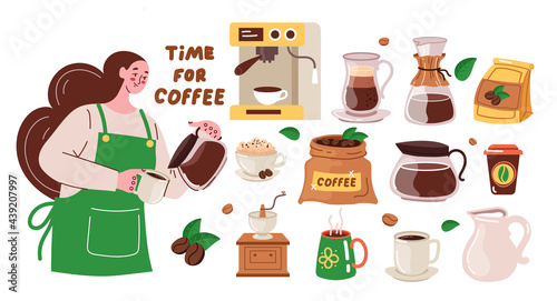 Woman barista and coffee maker making coffee drink. Coffee machine, pots, cup, bean isolated hand drawn modern style set. Modern style flat cartoon graphic illustration