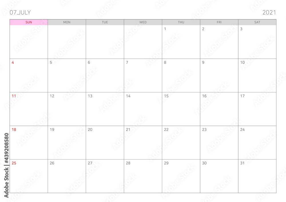 July Calendar Template Illustration in Diary, Notebook, Planner Stock