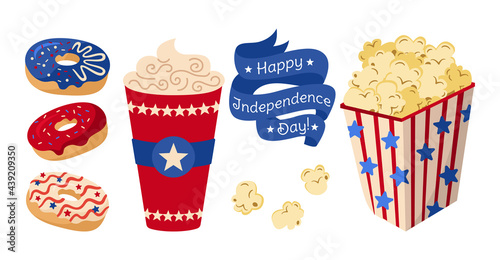American flag Independence Day card Cup coffee and donut with popcorn. Drink soda takeaway, doughnut and USA flags ribbon. American independence festival fast food snack. Isolated vector illustration