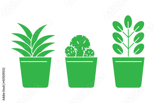 Cartoon green flowerpots green pots. Interior design. Home icon. Floral background. Vector illustration. Stock image.