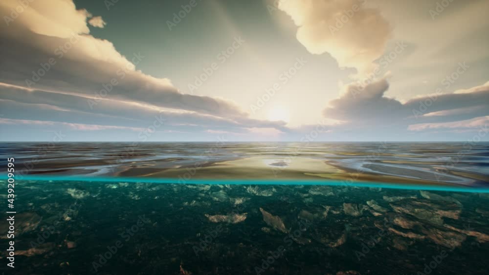 underwater view with horizon and water surface split by waterline underwater view with horizon and water surface split by waterline