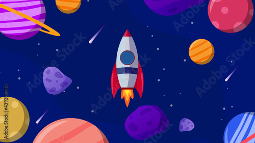 horizontal space background with abstract shape and planets.