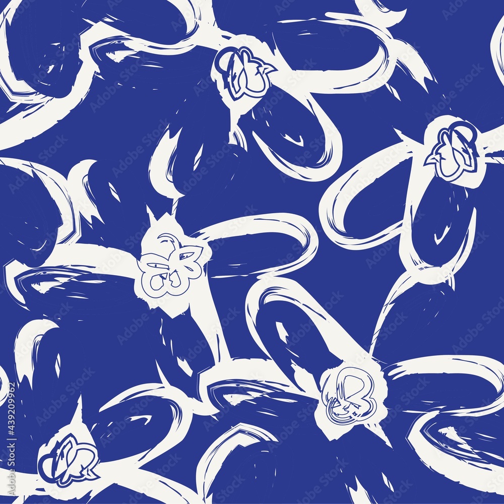 Fototapeta premium Blue Floral Brush strokes Seamless Pattern Background