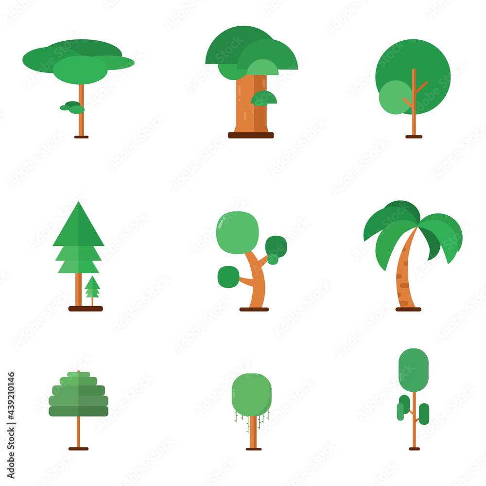 Set, Vector Trees flat icon style. green leaf and Brown stem. all object on White background.