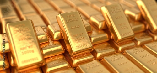 Finance, business, banking and investment gold 3d rendering background made of shiny pure gold bars and ingots. Treasure and luxury illustration for wealth