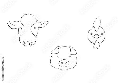牛と豚と鶏の顔のイラスト