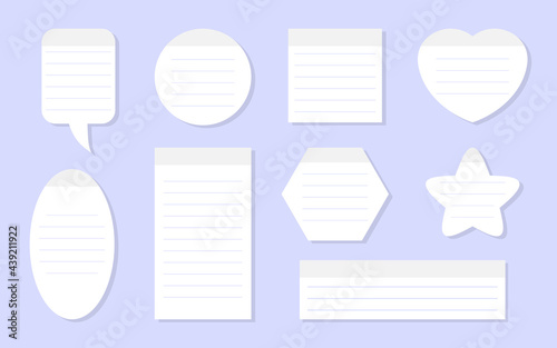 Lined stickers for notes set. White paper template with lines for notepad and scheduling. Memo note for planning. Different shapes reminders as ellipse, heart, round, star, square. Vector illustration