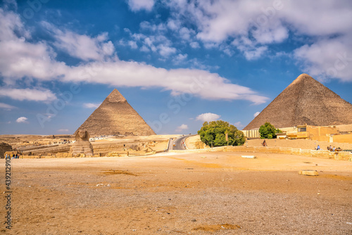Landscape view of the Pyramids of Giza  Cairo Egypt