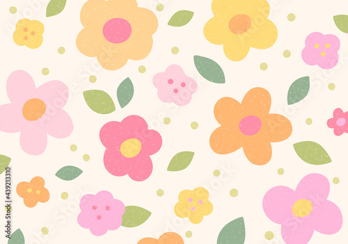 Hand drawn untrimmed cute shapes floral background design. Pink and orange colored flowers are evenly scattered.