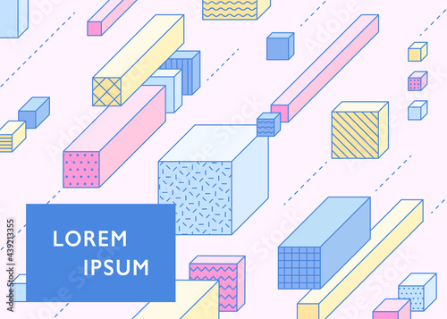 Cubes of various sizes and lengths are oriented in one direction. Background design in which three-dimensional figures with outlines are arranged in a speedy manner.