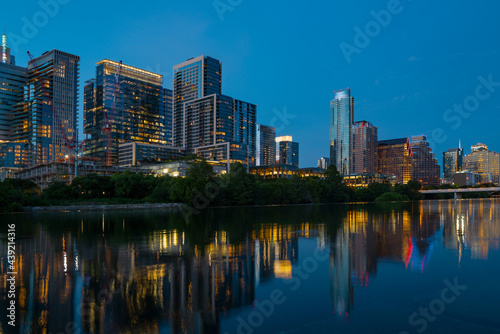 Downtown Skyline of Austin, Texas in USA. Austin Sunset on the Colorado River. Night sunset city.