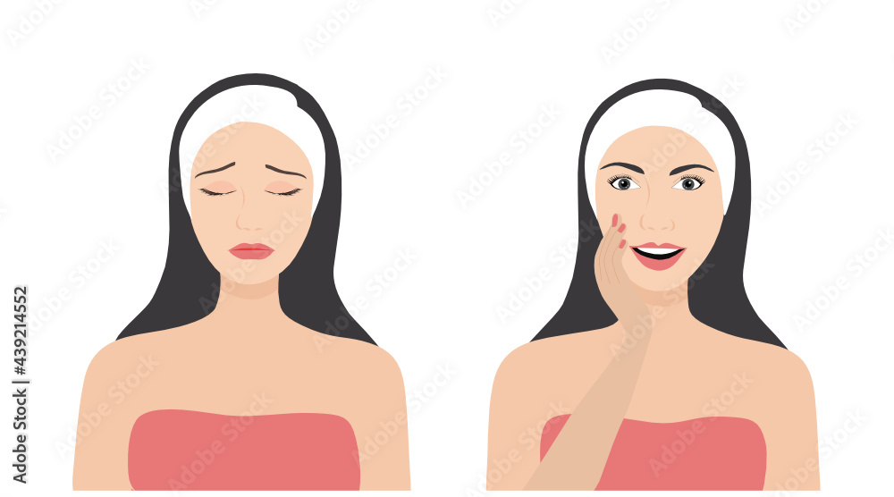Suffering woman with acne face and happy woman with healthy skin. Skin problem with facial treatment concept vector illustration Suffering woman with acne face and happy woman with healthy skin. Skin problem with facial treatment concept vector illustration