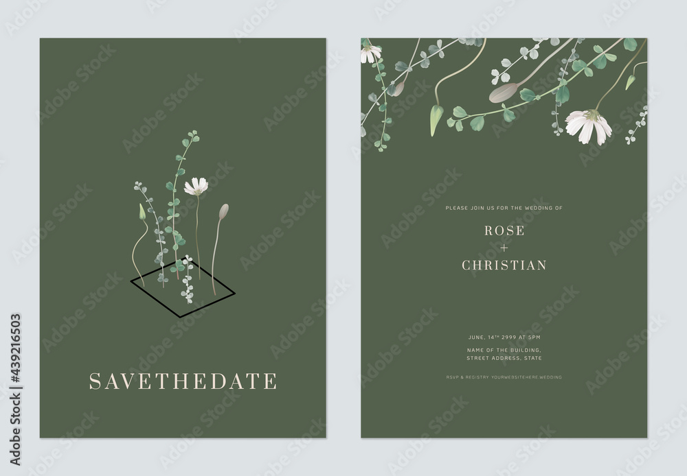 Minimalist foliage wedding invitation card template design, green Siamese rough bush leaves and cosmos flower on green