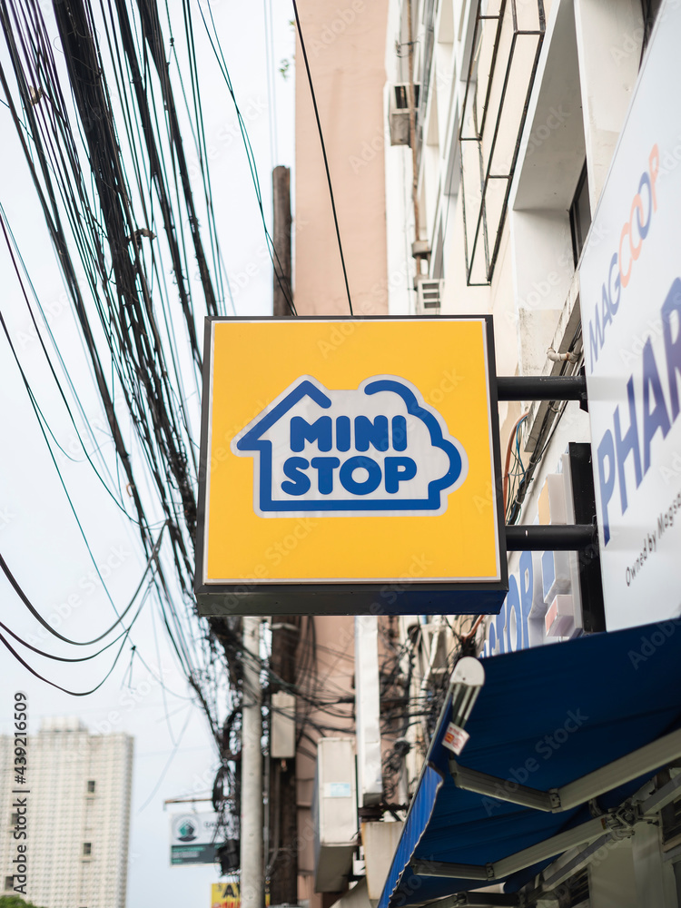 Manila, Philippines July 2020 A Ministop convenience store signage along Mabini Street. Stock