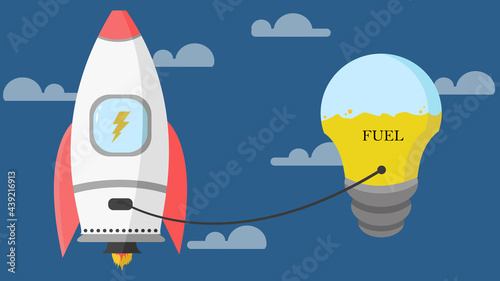 A representation of a rocket being powered by a light bulb. Referring to the result and success of a good idea.