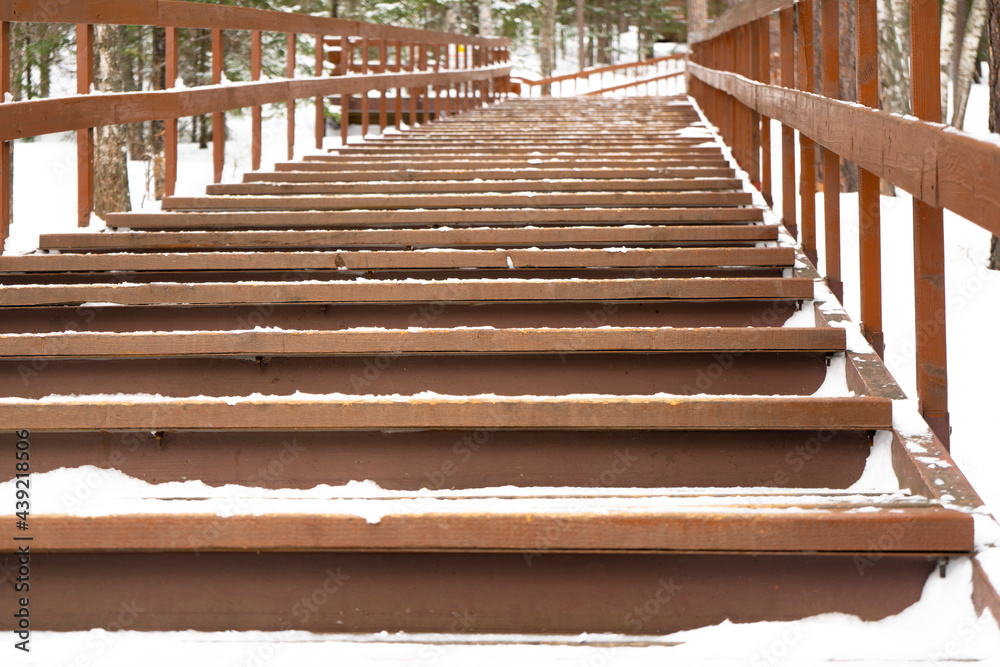 Wooden staircase in the nature reserve covered with snow. Wooden staircase in the nature reserve covered with snow.