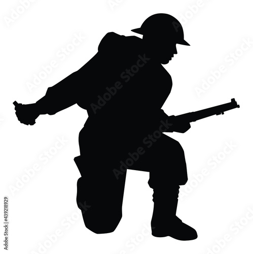 Great British soldier with a rifle weapon during world war 2 silhouette vector on white background
