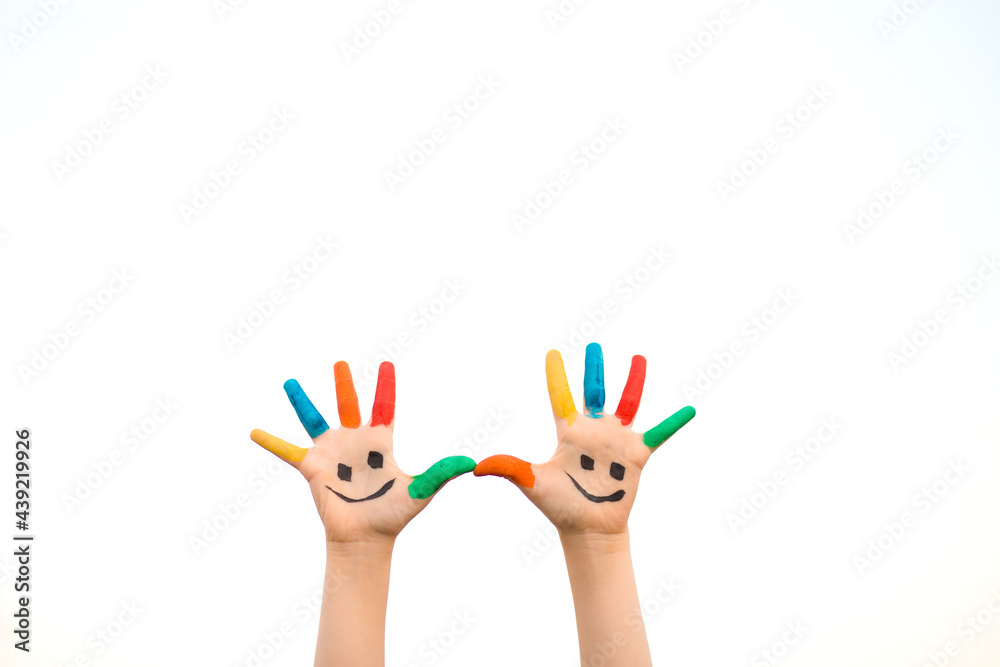 custom made wallpaper toronto digitalBanner view of children hands in colorful paint with funny smile face isolated on white background