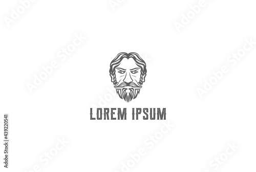 Vintage Greek Old Man Face God Zeus Triton Neptune Philosopher with Beard and Mustache Logo Design Vector