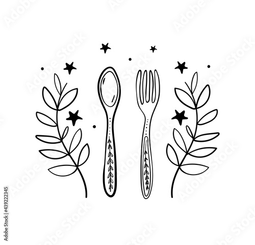 Vintage boho fork and spoon icon with floral ornament, vintage linear icon for menu, social networks. Colored line doodle sketch illustration for cafe, restaurant. Vector isolated on white background.
