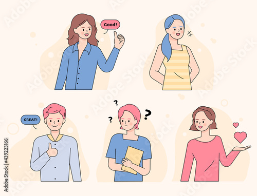 People with various facial expressions and gestures. flat design style minimal vector illustration.