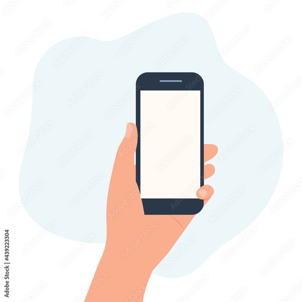 Vettoriale Stock Human hand holding a smartphone.Phone with white empty  screen in flat style isolated. | Adobe Stock