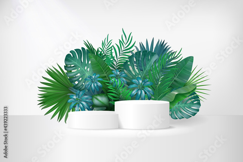 3D display podium with tropical palm leaves on white background. Jungle exotic green plant composition for product promotion. Tube stand platform for branding banner. Realistic vector illustration
