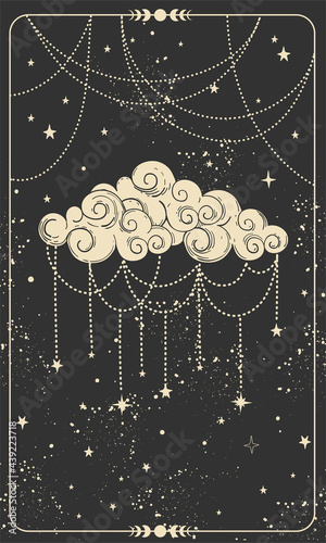 Tarot card with ornate cloud. Magic card, boho style design, witch card, prediction, mystical hand symbol on black background for magic design.