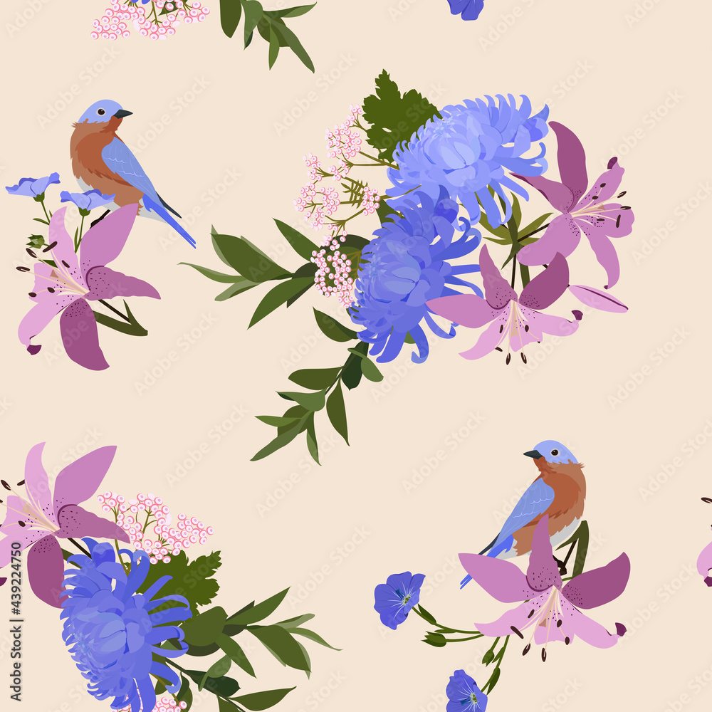 Seamless background with Japanese chrysanthemums, lily and birds on beige background.