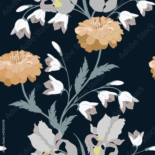 Seamless background with chrysanthemums, iris and campanula on a black background.