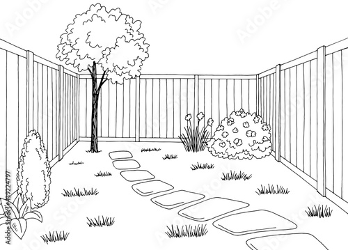 Backyard garden graphic black white sketch illustration vector