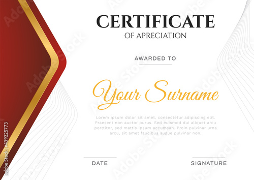 Modern simple certificate in red and gold color with gold and border line vector template