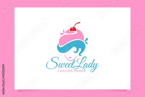 Sweet lady logo with a picture of a woman's face changed into a cake for all businesses, especially for bakery, cakery, cake art, cake school, etc.