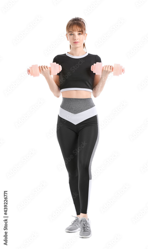 Sporty young woman with dumbbells on white background Sporty young woman with dumbbells on white background