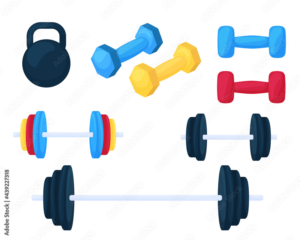 Vector set of items for fitness and weightlifting in cartoon style. Vector collection of elements for sports. Isolated on white background. Dumbbells and barbells
Vector set of items for fitness and weightlifting in cartoon style. Vector collection of elements for sports. Isolated on white background. Dumbbells and barbells