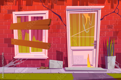 Abandoned house facade front view, old building exterior with cracked red brick walls, window boarded up with planks and spider web on door, neglected ancient cottage, Cartoon vector illustration