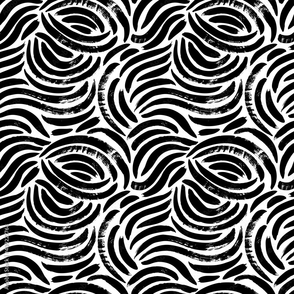 Obraz premium Organic irregular circular lines vector seamless pattern. Hand drawn black and white organic shapes texture. Biological grunge squiggle lines, structure of natural cells. Abstract brushstrokes. 