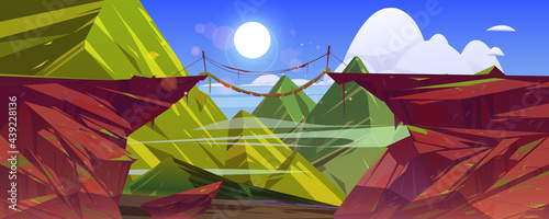 Suspended bridge hang above steep mountain cliff, green rocky landscape background. Beautiful scenery nature view with rope bridgework connect rock edges at summer day, Cartoon vector illustration