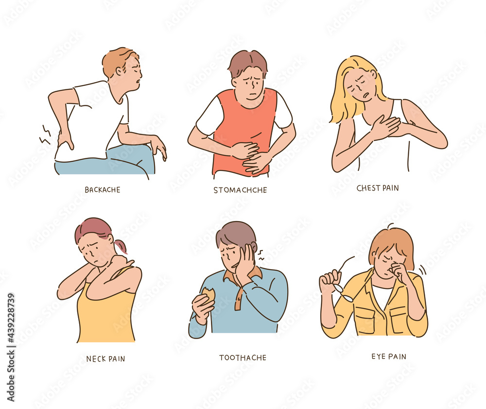 Characters expressing pain in each part. hand drawn style vector design illustrations. 