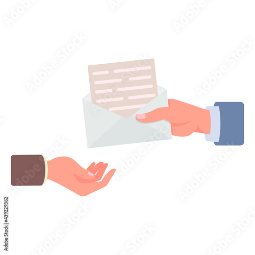 Hand holds an open envelope with a letter. Receive, give a letter. Postman, addressee, notification, written notice. Vector flat cartoon illustration isolated on white background, eps 10.