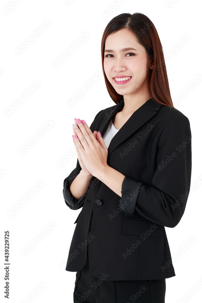 Asian beautiful business working woman with long hair wearing formal suit, confidently smiling, doing gesture of paying respect or greeting with isolated white background cutout and blank copy space. Asian beautiful business working woman with long hair wearing formal suit, confidently smiling, doing gesture of paying respect or greeting with isolated white background cutout and blank copy space.