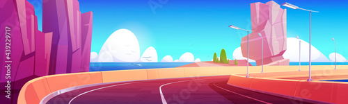 Car overpass road on sea shore with mountains and green bushes. Vector cartoon landscape of ocean shore, rocks and highway bridge with metal crash barrier. Summer seascape with road on coast