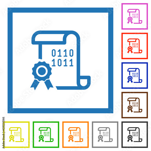 Digital certificate flat framed icons