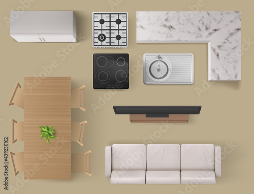 Interior items top view, living room and kitchen furniture and technics sofa, tv and table with chairs, sink, gas and electric oven and cupboard. Home render apartment design, Realistic 3d vector set