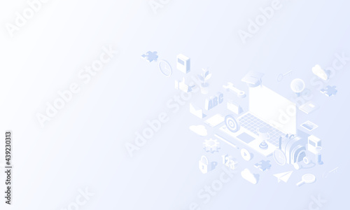 Online education modern isometric line illustration. Distance study, internet seminar icon education tool icon and back to school isometric vector design