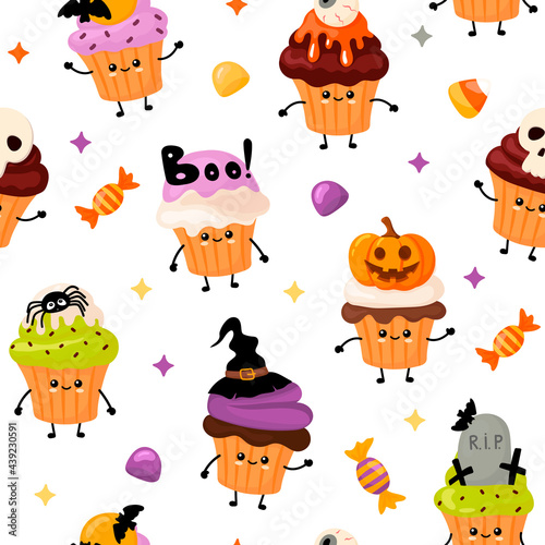 cute pattern with kawai Halloween cupcakes in cartoon style