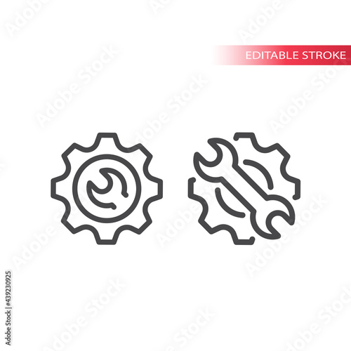 Cogwheel and wrench line vector icon. Gear and spanner outline symbol.